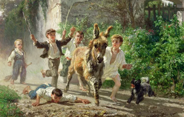 Dog, donkey, Filippo Palizzi, Street boys