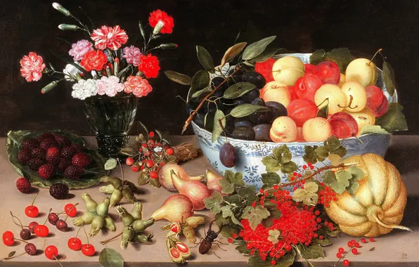 Leaves, flowers, branches, cherry, berries, table, beetle, bouquet