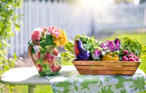 Picture summer, flowers, table, vase, box, vegetables, tablecloth