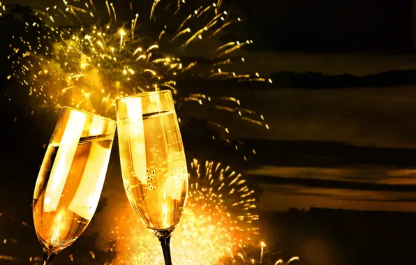 Background, holiday, salute, glasses, Christmas, New year, fireworks, champagne
