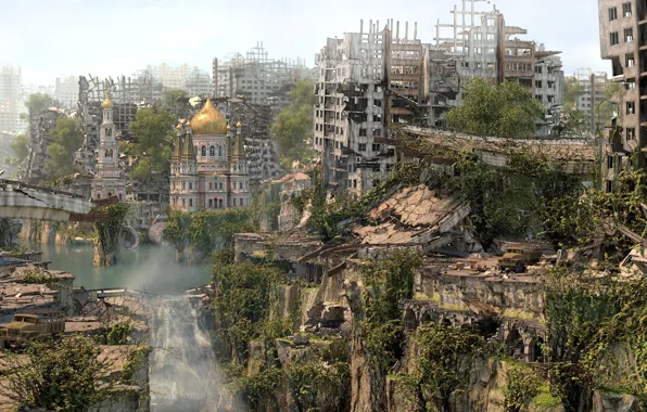 Waterfall, destruction, Cathedral, ruins, Sorry Earth