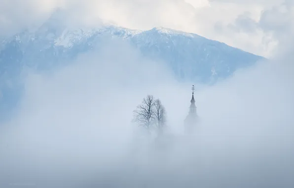 Picture autumn, fog, Slovenia, St. Thomas Church, Floating contours