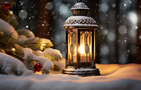 Picture winter, snow, decoration, night, New Year, Christmas, lantern, light