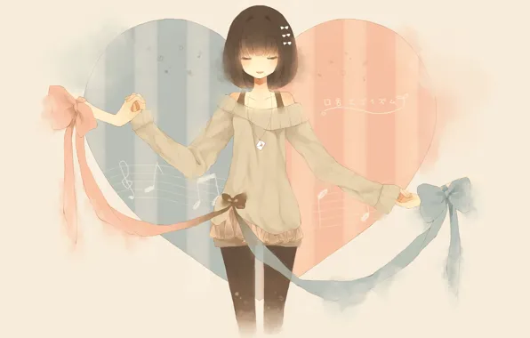 Picture tape, girl, msica, art, heart, anime, bow, notes