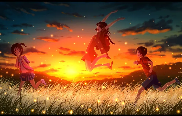 The sky, grass, clouds, sunset, mountains, nature, children, fireflies