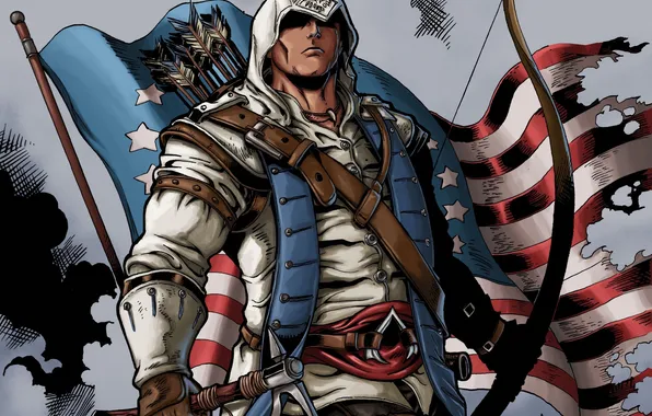 Picture flag, bow, hood, arrow, killer, connor, assassin's creed 3, taper