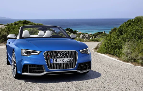Audi, Sea, Blue, Convertible, Logo, The hood, Lights