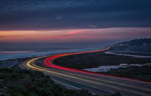 Road, sea, the sky, clouds, night, lights, track