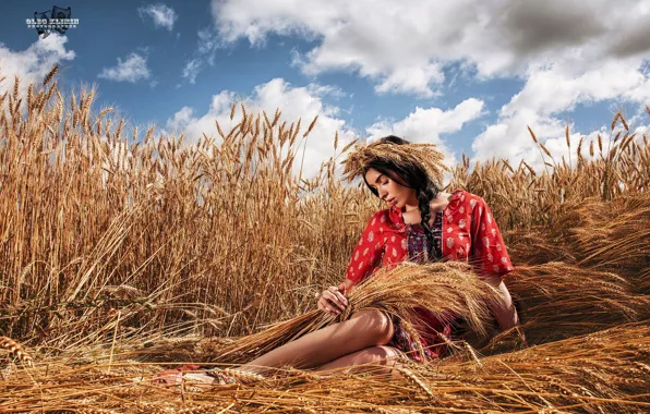 Wheat, look, nature, pose, Girl, Oleg Klimin