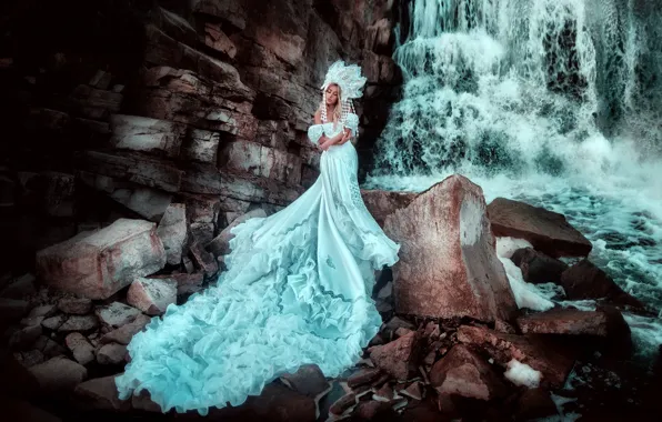 Girl, style, waterfall, tale, dress, photographer, costume, Russian