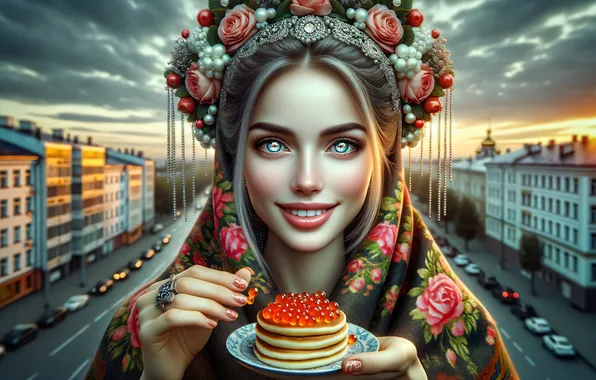 Look, girl, smile, caviar, pancakes, Carnival