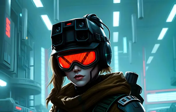 Girl, face, the city, technology, technique, scarf, glasses, cyborg