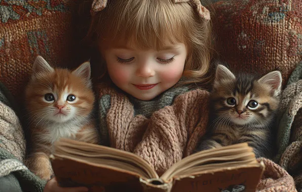 Cats, childhood, smile, comfort, grey, together, child, red