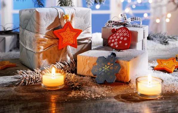 Picture winter, stars, snow, decoration, snowflakes, holiday, heart, candles