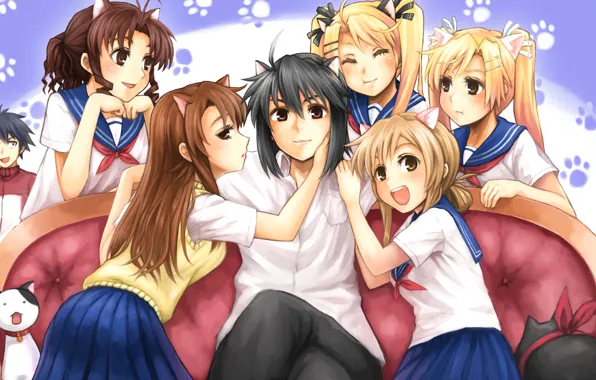 Art, girl, guy, company, neko, friends, ears, Nyan Koi. anime