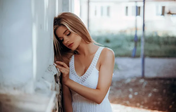 Girl, wall, long hair, photo, photographer, model, mood, bokeh