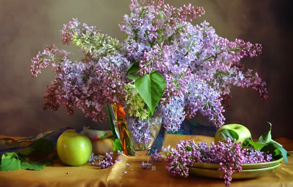 Flowers, table, apples, green, plates, vase, still life, lilac