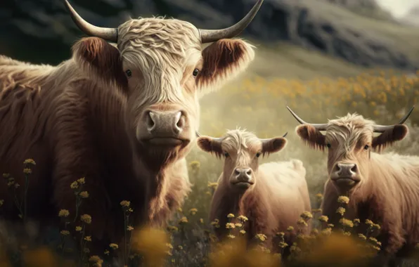 Field, summer, cows, pasture, meadow, trio, muzzle, digital art