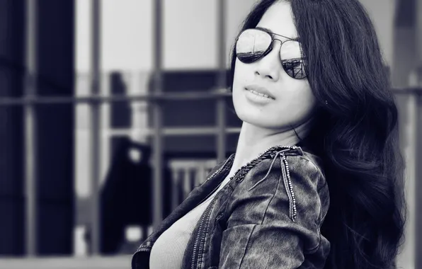 Girl, face, reflection, hair, jacket, black and white, lip glasses