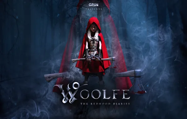 Picture forest, girl, axe, Little Red Riding Hood, Woolfe - The Red Hood Diaries, GriN