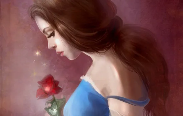 Picture girl, hair, rose, dress, profile, beauty and the beast, Belle, beauty and the beast