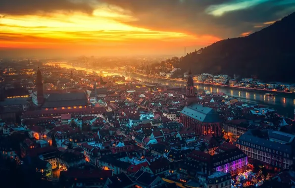 City, German, Clouds, Wood, Water, Germany, Mountain, River