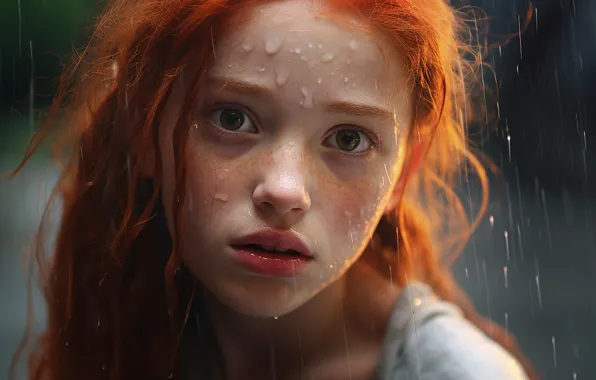 Picture drops, rain, portrait, girl, red, AI art, The Art of Artificial Intelligence, neural network