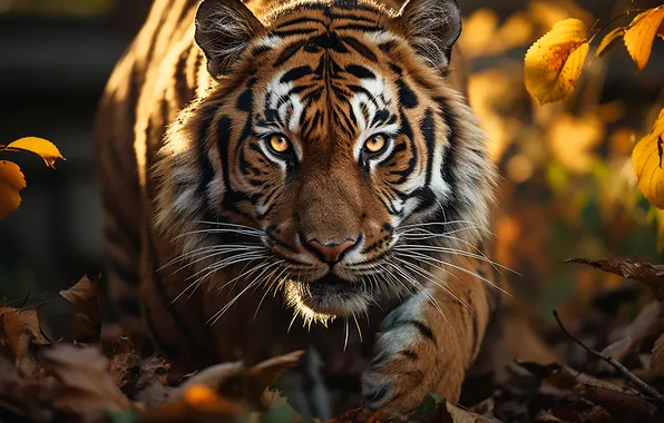 Autumn, look, face, leaves, light, nature, tiger, pose