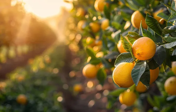 Leaves, light, branches, oranges, garden, fruit, bokeh, hang