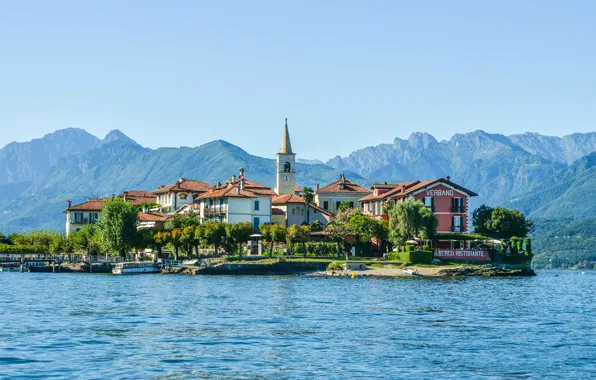 Mountains, lake, island, building, home, Alps, Italy, Italy