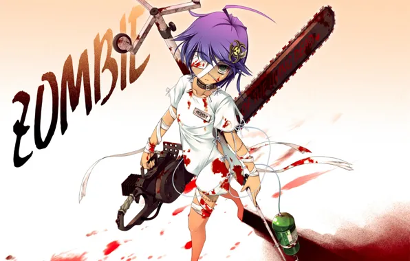 Zombie, scar, art, chainsaw, bandages, eye patch, dropper, a pool of blood