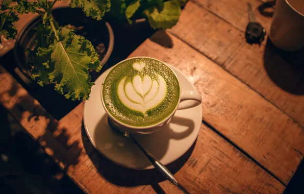 Light, tea, Board, plant, coffee, spoon, mug, Cup