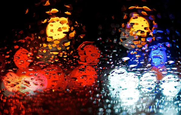 Water, drops, macro, blue, red, lights, background, rain