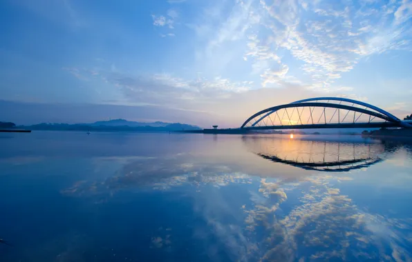 Picture the sky, clouds, bridge, city, the city, Strait, dawn, morning