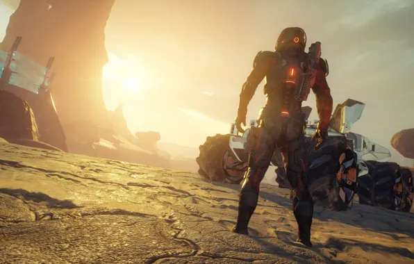 Sunset, the main character, nomad, Mass Effect Andromeda, extraterrestrial landscape