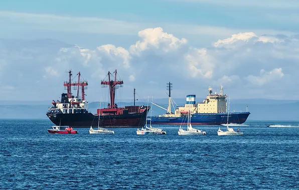 Landscape, ships, yachts, on the roads