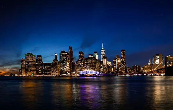 Wallpaper city, lights, USA, twilight, river, skyline, water, night for