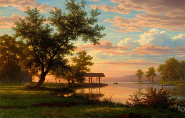 Picture trees, sunset, river, the evening, Robert Zünd