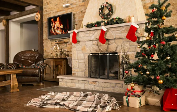 Gift, tree, new year, Christmas, fireplace, Christmas, design, New Year