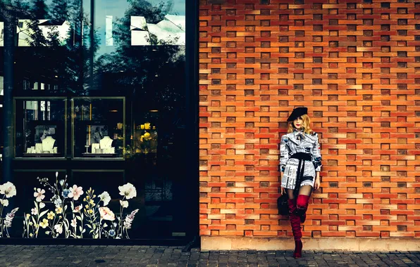 Blonde, beauty, showcase, fashionista, stylish girl, model posing, Ruslan Bolgov (Axe), standing against the wall