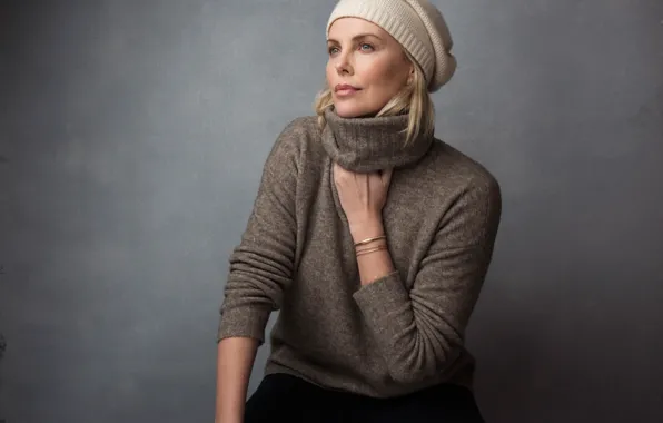Background, Charlize Theron, model, hat, portrait, makeup, actress, hairstyle