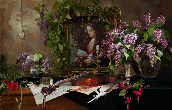 Flowers, notes, violin, watch, glass, picture, candles, feathers