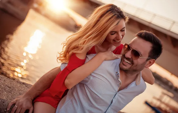 Picture girl, love, smile, river, male, lovely, a couple in love