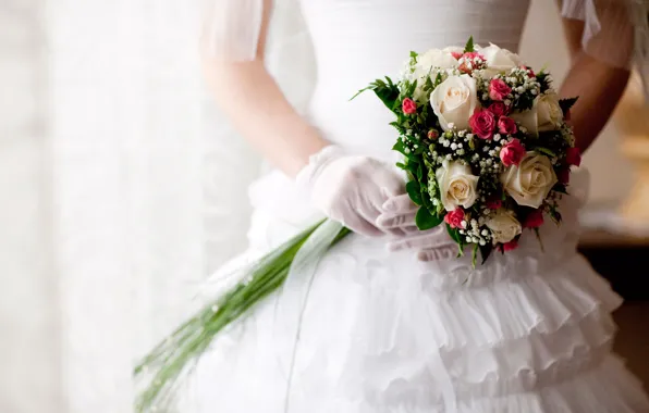 White, roses, bouquet, dress, wedding, roses, Wedding
