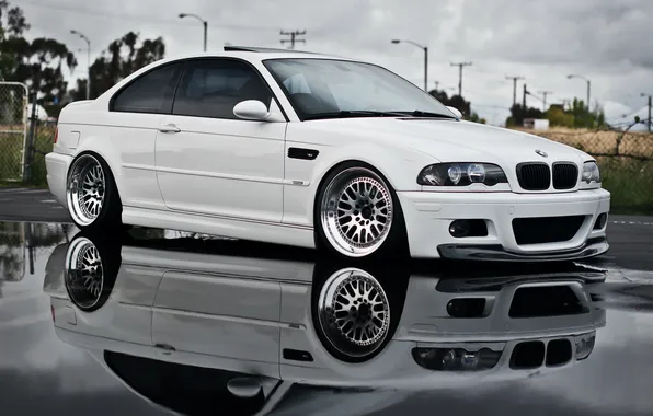 White, reflection, BMW, BMW, white, E46