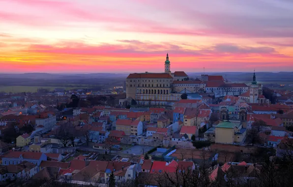 Sunset, the city, the evening, Czech Republic, Czech republic mikulov castle