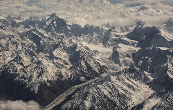 Clouds, mountains, stream, glacier