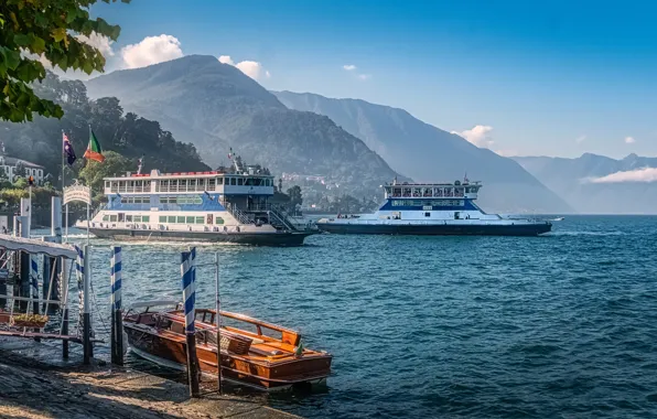 Mountains, lake, boats, Italy, boats, piers, court, Bellagio