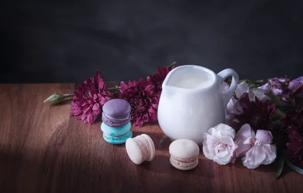 Picture flowers, colorful, milk, pitcher, dessert, flowers, cakes, sweet
