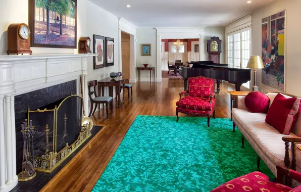 Design, style, interior, piano, fireplace, living room, Neoclassical Home, by Pinneo Construction